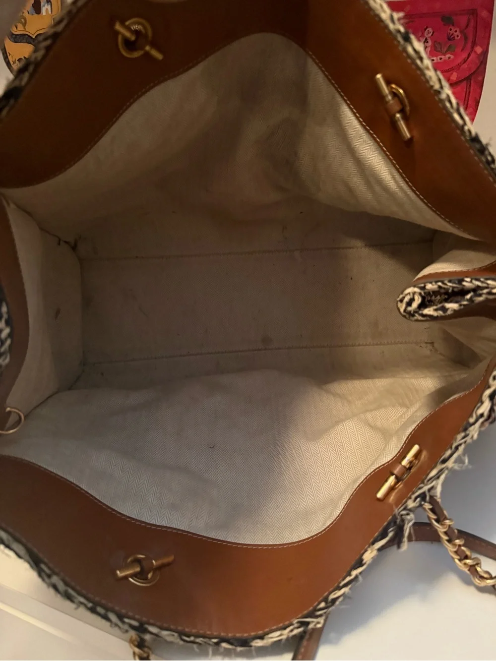 Tory Burch Multicolor Woven Raffia Tote with Gold Chain